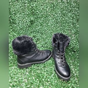 Rouge Helium 'Trait' Black Lace Up Studded Combat Boots Fur Top Womens size 8.5
